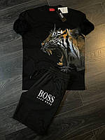 Літній чоловічий костюм Hugo Boss шорти та футболка з тигром, брендовий спортивний костюм Бос на літо чорний fms