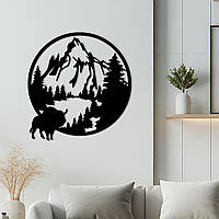 Декоративное панно на стену, Деревянный декор для комнаты "Бизон на фоне гор", картина лофт 20x20 см
