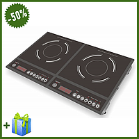 Плита індукційна настільна електрична 2 конфорки 2000 Вт/1500 Вт, Побутова двоконфоркова електроплита