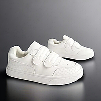 Детские белые кожаные кроссовки кеды, легкая обувь для мальчиков и девушек на липучке в РАЗМЕРЕ: 31-36