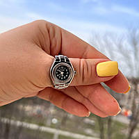 Кольцо часы на палец кварцевые Круглые с черным циферблатом