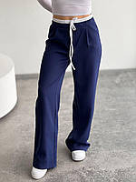 Трендовые спортивные женские штаны ткань костюмка, синие женские широкие спортивные штаны