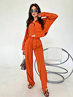 Стильный модный женский костюм двойка укороченная рубашка и штаны, оранжевый прогулочный женский костюм