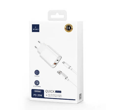 МЗП WIWU Wi-U002 PD QC charger set with EU plug Type C to Lightning White, фото 2