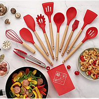 Набор кухонных силиконовых принадлежностей в подставке 12 предметов красного цвета
