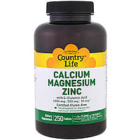 Кальций, Магний и Цинк с L-Глютамином, Calcium Magnesium Zync, Country Life, 250 таблеток UP, код: 7689658