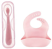 Набор Ложка силиконовая с удержанием формы изгиба для кормления ребенка Розовый + Слюнявчик с PZ, код: 2460121