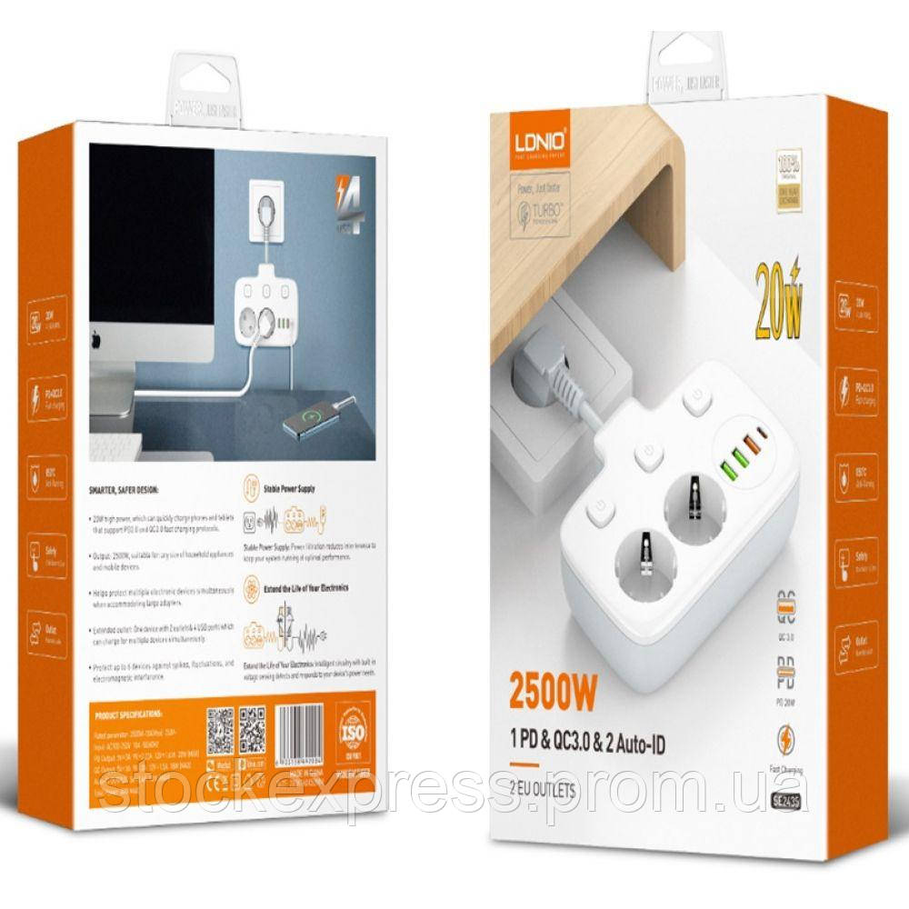 Удлинитель сетевой LDNIO SE2435 Auto-ID QC3.0 Type-C 2 USB 2 розетки 3.4A шнур 0.1 m White SE, код: 8237767 - фото 2 - id-p2168003529