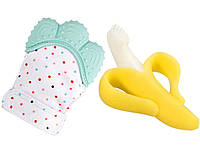 Детский силиконовый прорезыватель-перчатка для зубов Бирюзовый + Прорезыватель-щётка Банан VO PZ, код: 6691122