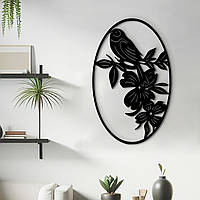 Деревянный декор для дома, черная картина на стену "Цвет и птичка", оригинальный подарок 50x30 см