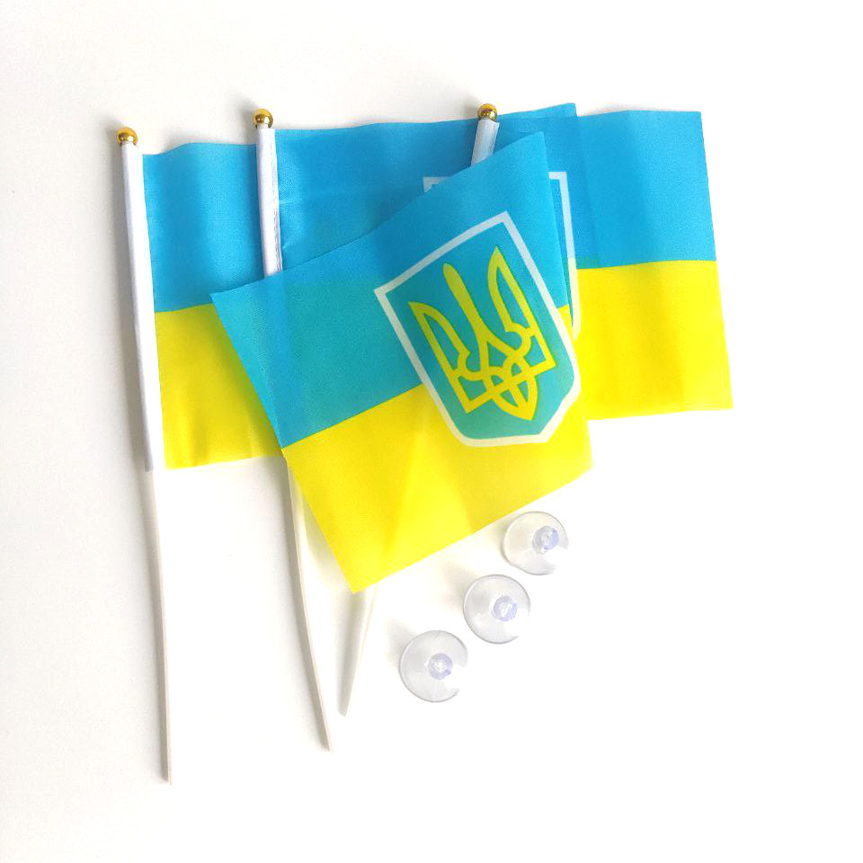 Прапор України з Гербом набір із 3 штук поліестер BookOpt 14*21 см на паличці з присоском KB, код: 8334105