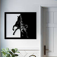 Декор для комнаты, деревянная картина на стену "Лошадь - черная и белая", стиль лофт 20x23 см