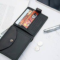 Шкіряний чоловічий гаманець на кнопці для сина Чорний, Картонна коробка