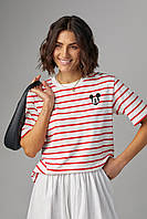 Жіноча футболка в смужку з вишитим Мікі Маусом — червоний колір, M (є розміри)