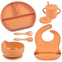 Набор детской силиконовой посуды 2Life Y25 из 7 предметов с деревянными приборами Оранжевый (v-11366)