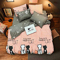 Постельное белье Кот Муркот Розовый в полоску с котиками и серый SB, код: 7635155