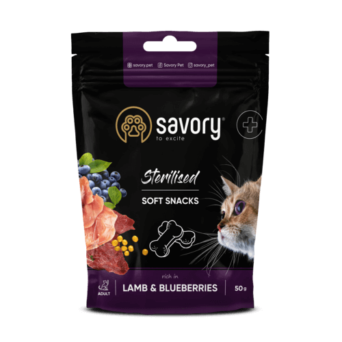 М'які ласощі для стерилізованих котів Savory Cat Sterilised Soft Snack з ягням та чорницею 50г