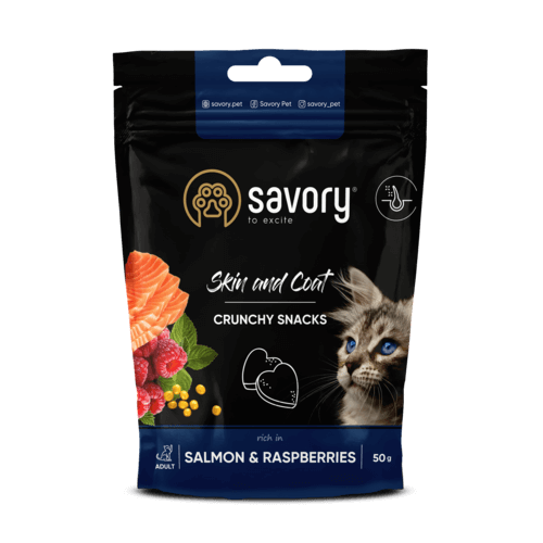 Хрусткі ласощі для котів Savory Cat Skin And Coat Crunchy Snack для здоров'я шкіри та шерсті з лососем і малиною 50г
