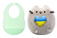 Мягкая игрушка Pusheen cat ST с сердцем и Полупрозрачный силиконовый слюнявчик Зеленый (vol-1 UP, код: 8298288