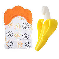Детский силиконовый прорезыватель-перчатка для зубов оранжевый и прорезыватель-щётка банан 2L UP, код: 8298303