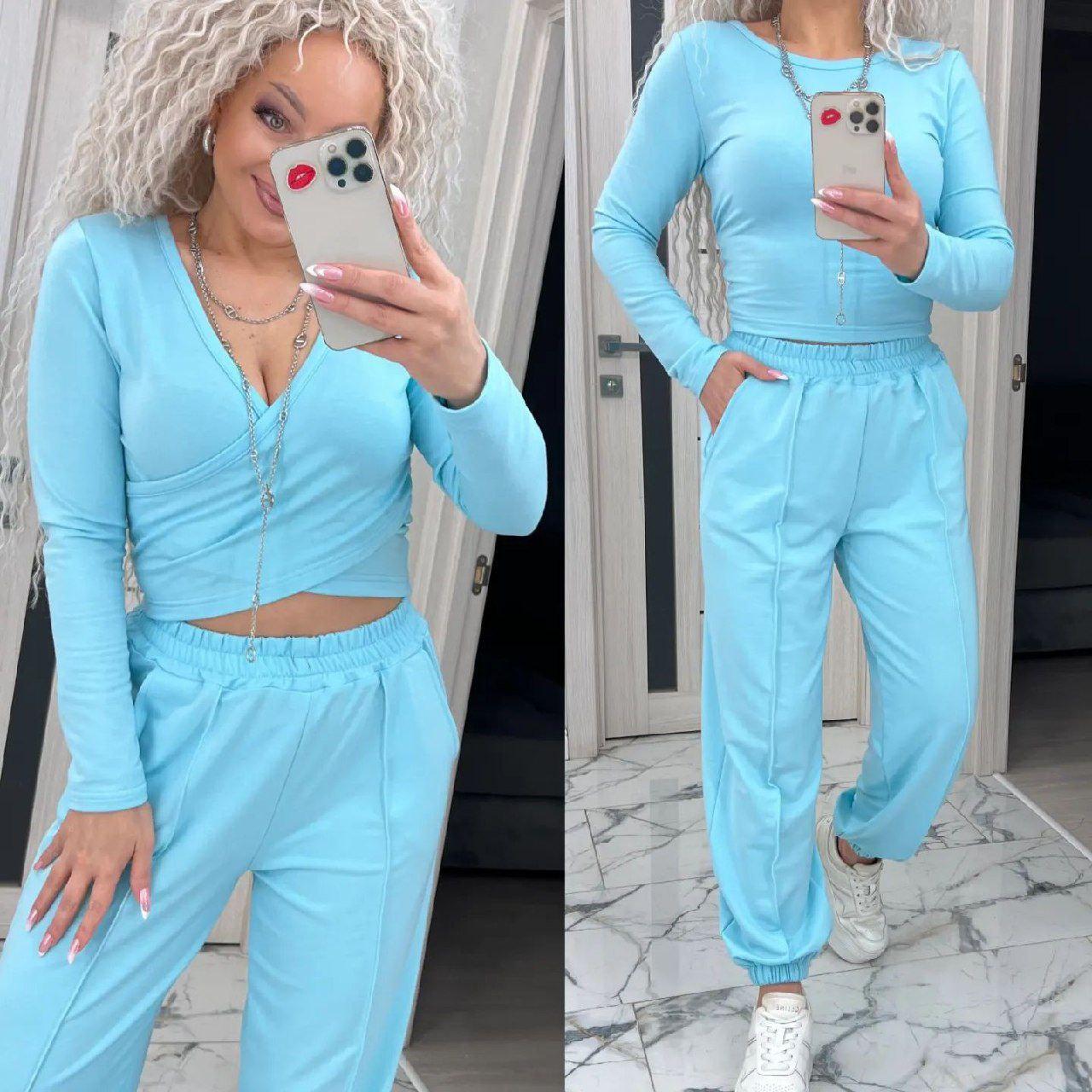 Стильний жіночий комплект топ+джогери двунитка однотонний (Розміри S,M,L), Блакитний, фото 1
