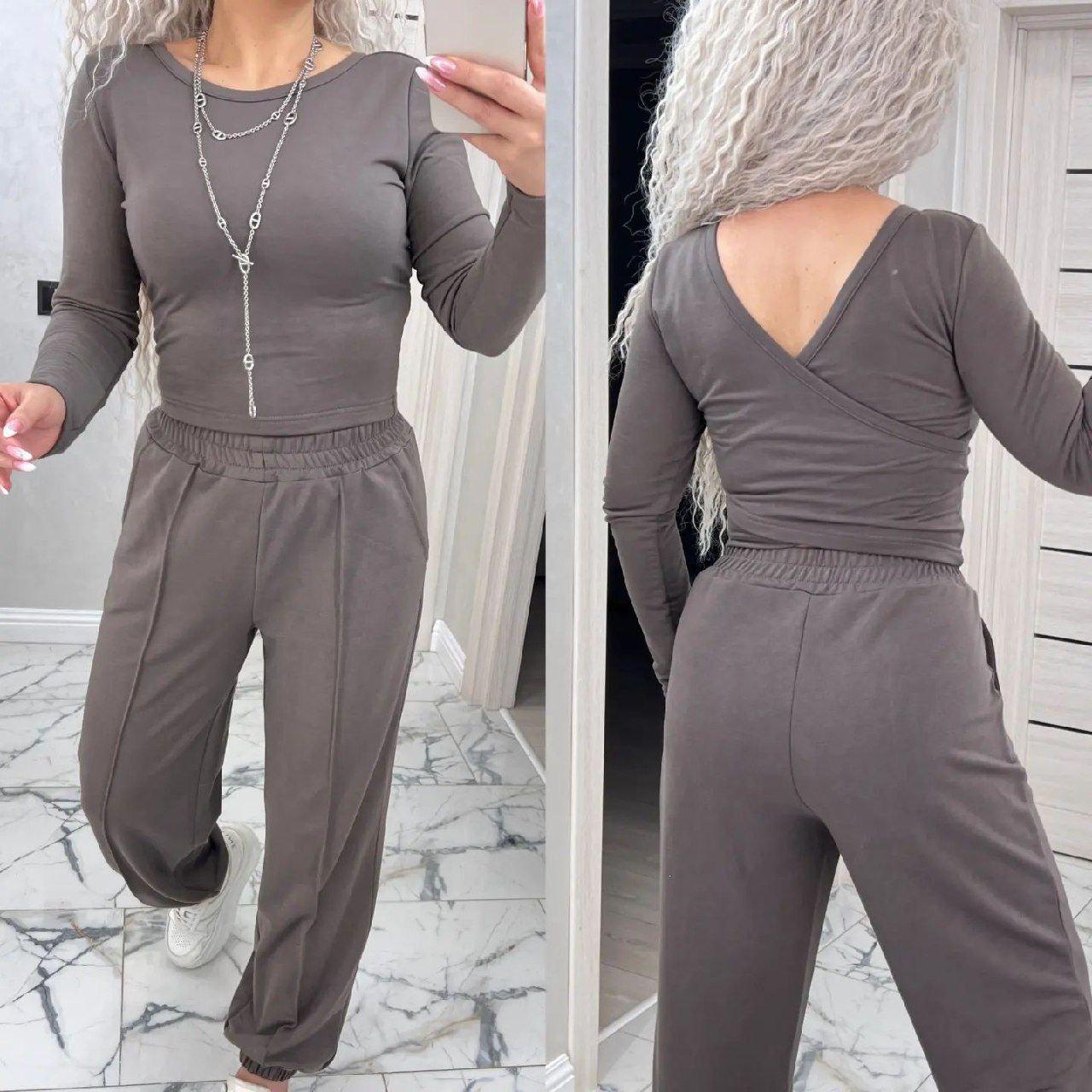 Стильний жіночий комплект топ+джогери двунитка однотонний (Розміри S,M,L), Платиново-сірий, фото 1