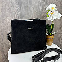 Женская замшевая сумка стиль Zara, сумочка Зара черная натуральная замша