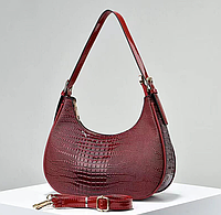 Женская лаковая сумка слинг, Бананка сумка для девушки, мини сумочка багет под рептилию Бордовый