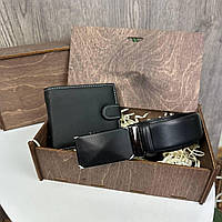 Мужской подарочный набор кожаный кошелек портмоне + поясной ремень автомат в коробке
