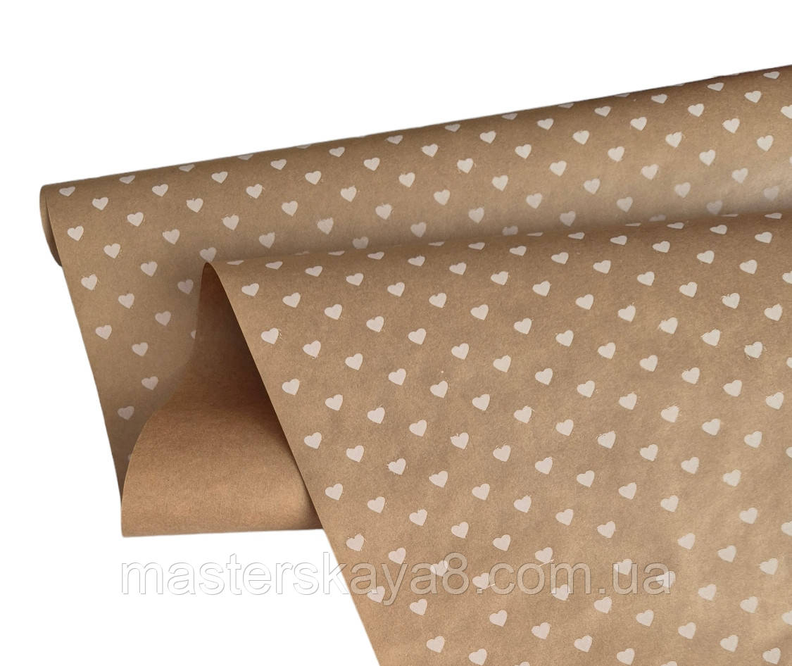 Папір 10м для упаковки (відео), колір коричневий/серця білі, фото 1