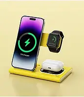 Беспровдная зарядная станция Magsafe 3 в 1 15 Вт для iPhone Apple Watch AirPods для айфона часов желтая