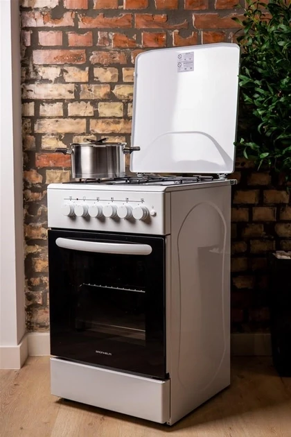 Плита кухонна Grunhelm АM6611W 70 л 60x59x85 см Електродуховка Біла плита з 4 газовими конфорками