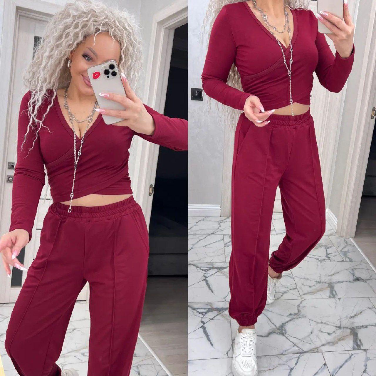 Стильний жіночий комплект топ+джогери двунитка однотонний (Розміри S,M,L), Марсала