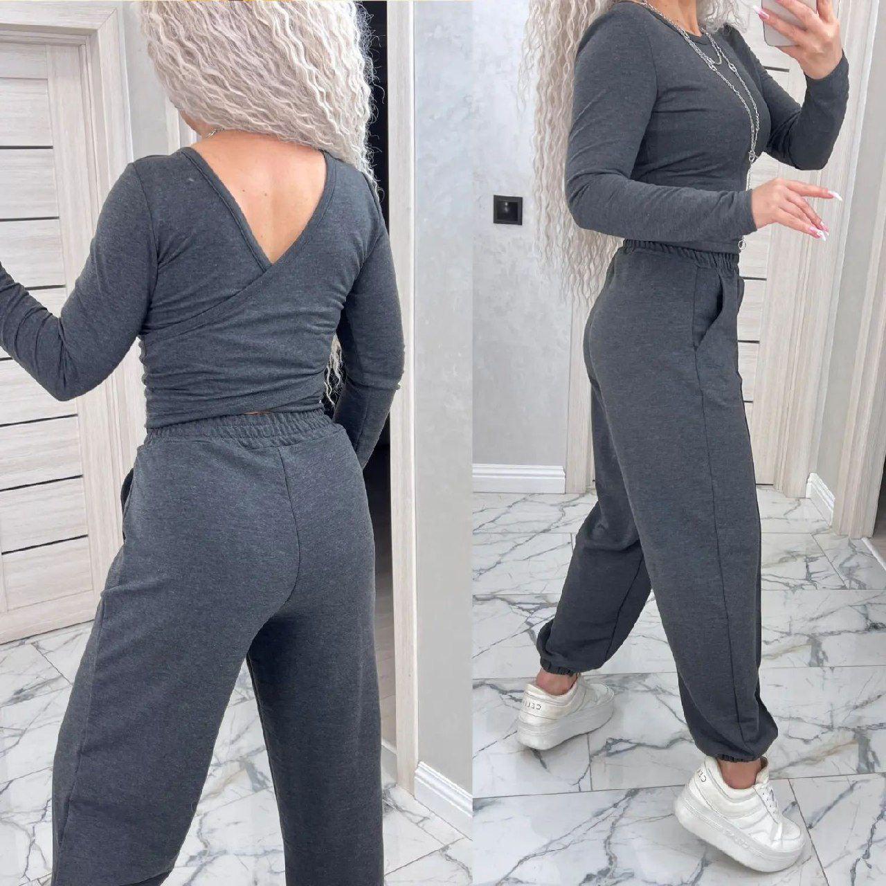 Стильний жіночий комплект топ+джогери двунитка однотонний (Розміри S,M,L), Графіт, фото 1