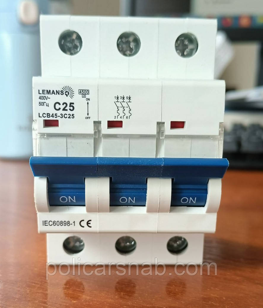 Автоматичний вимикач малогабаритний 3 полюси 3P 25A Lemanso LCB45-3C25 тип С 50Гц