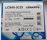 Автоматичний вимикач малогабаритний 3 полюси 3P 25A  Lemanso LCB45-3C25 тип С 50Гц, фото 11