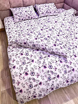 Постільна білизна Королева Ночі (Жатка Premium) | Полуторний комплект | 50х70 | Квіти на бузковому
