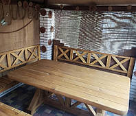 Набір меблів: стіл + 3 лавки з масиву дерева. Садові дерев'яні меблі. Дерев'яний стіл. Дерев'яні лавки