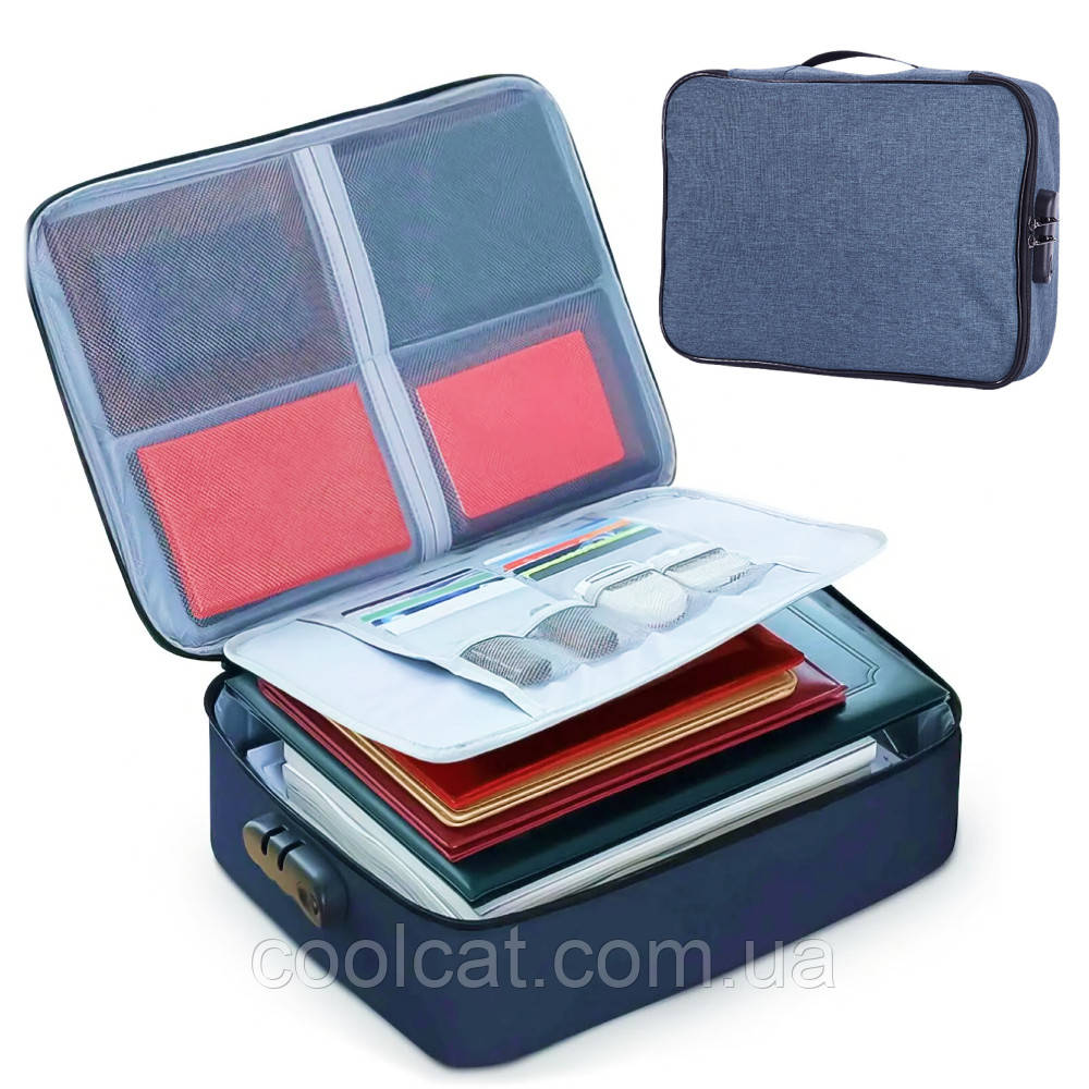 Дорожній кейс-сумка органайзер із кодовим замком 37х10,5х27 см Home Cleaning, Синя / Сумка для документів