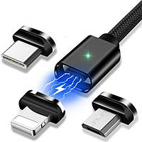 Магнитный кабель черный ESSAGER (micro USB, Type-C, Lightning) 1метр UP, код: 8179407
