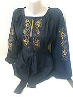 Женская рубашка вышиванка лен черная золото Для пары Family Look р.42 - 60
