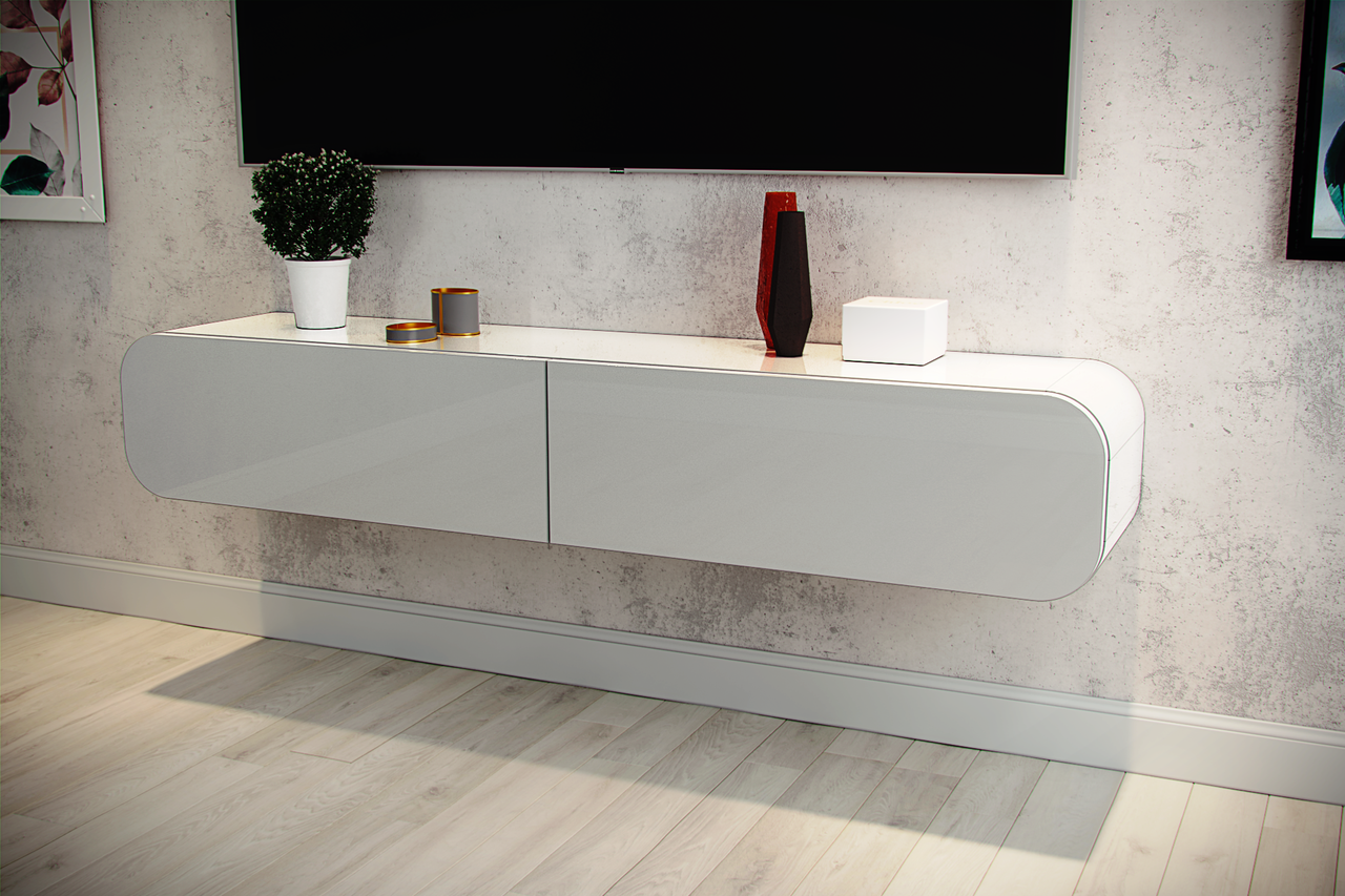 Біла глянцева підвісна Тумба ТВ "Скай" з округленими краями