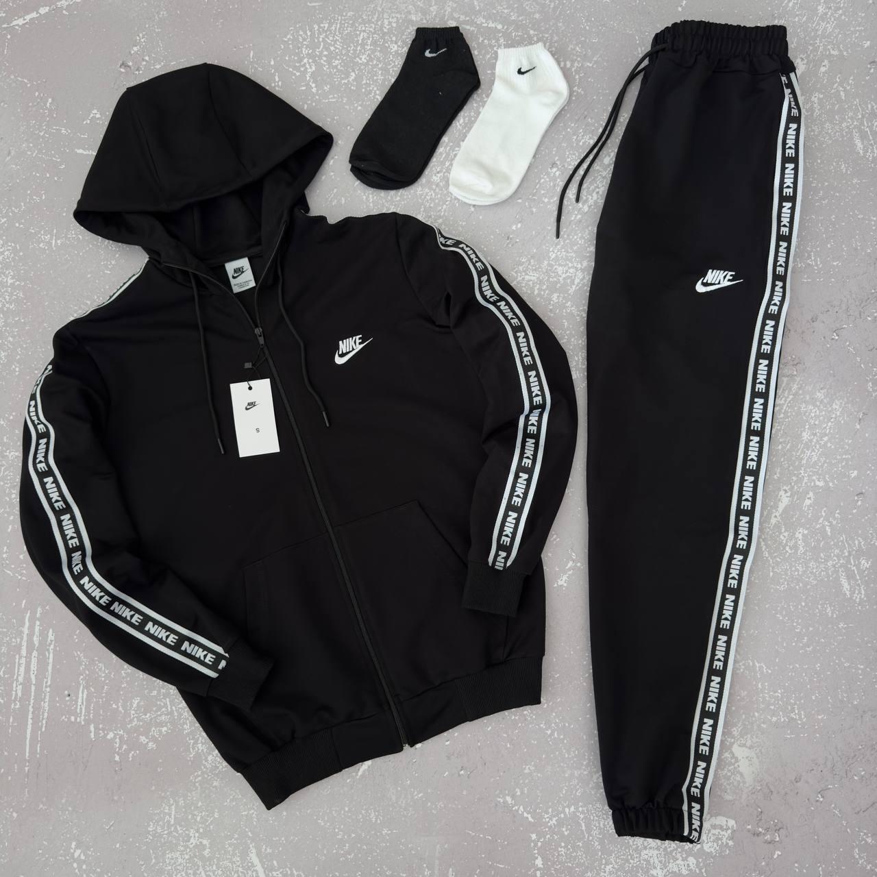 Спортивний костюм чоловічий Nike весна-осінь з лампасом повсякденний із зіп худі+ штани чорний. Живе фото, фото 1