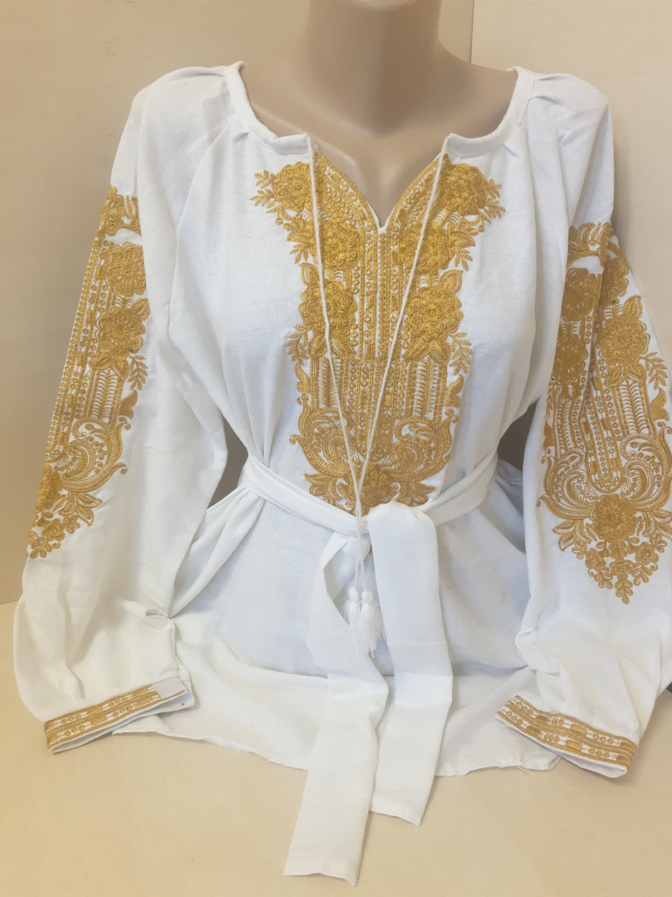 Жіноча сорочка вишиванка льон біла з поясом Для пари золото Family Look 42 - 60