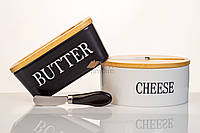 Масленка+сырница 16*7,5 см белая керамическая с ножом Butter, Cheese