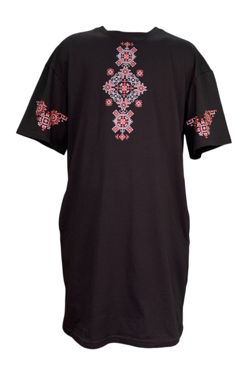 Сукня-футболка  з карманами кулір чорна з принтом Вишиванка роз. L (48)