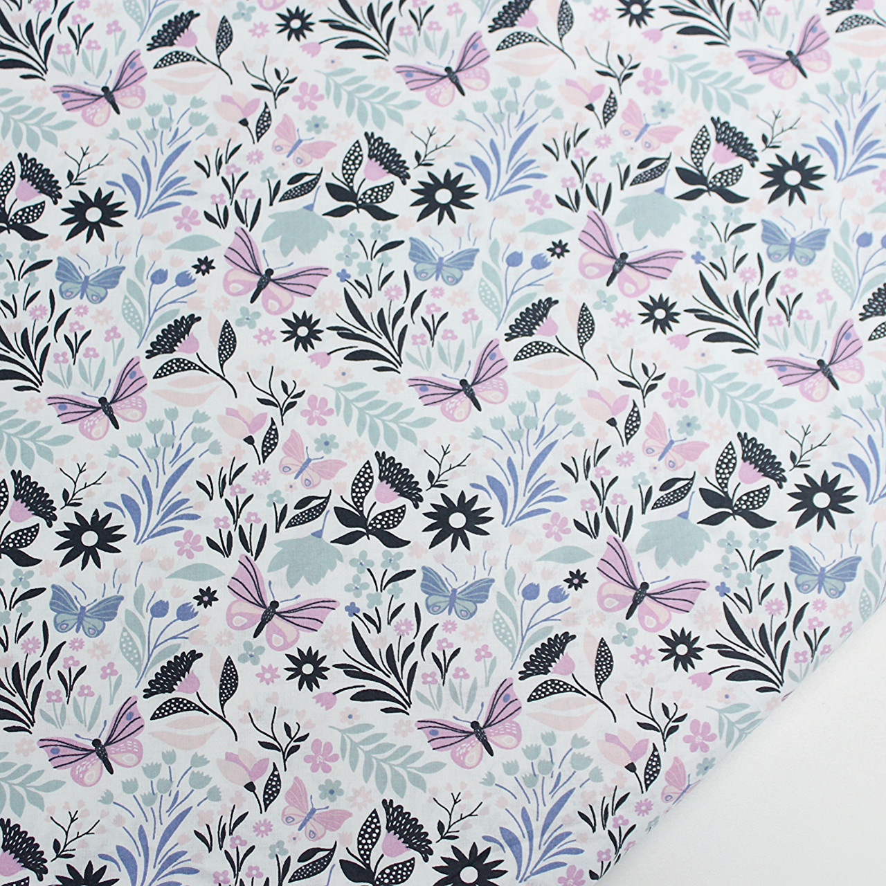 Бязь "Метелики в квітах та гілочках" лілово-джинсових та м'ятних кольорів № Б-3252, фото 1
