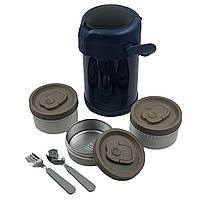 Термос с контейнерами для еды Lunch box 2.2л (3 отделения, ложка, вилка) 13х24см синий