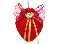 Елочное украшение сердце 8 см с красным бантом и брошкой птичка "Красный маскарад"