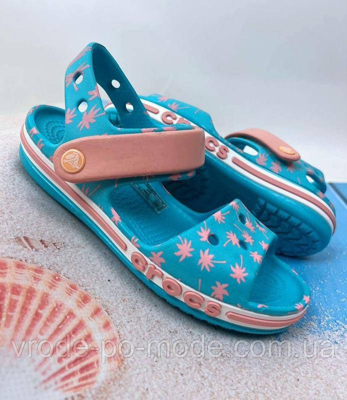 Дитячі блакитні з малюнком сандалії на липучці, літні Crocs Sandal Kids піна для дівчаток, оригінал